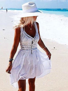 Anna Kosturova Handmade Button-front crochet high-low mini dress. As seen on fashion and lifestyle blogger Gypsylovinlight. Unique festival outfit. Light weight and flowy bohemian design. 