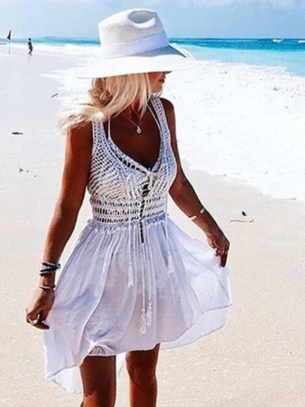 Anna Kosturova Handmade Button-front crochet high-low mini dress. As seen on fashion and lifestyle blogger Gypsylovinlight. Unique festival outfit. Light weight and flowy bohemian design. 