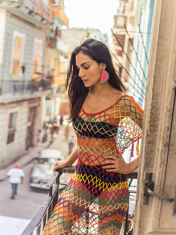 Women's Crochet Dress | Red Stripe Mesh Dress | Anna Kosturova - annakosturova Women's Crochet Dress | Red Stripe Mesh Dress | Anna Kosturova - annakosturova