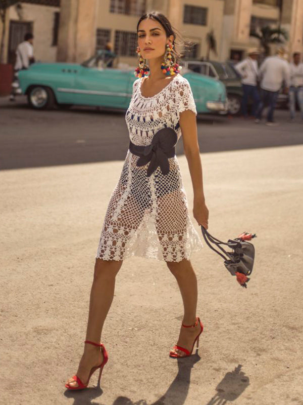 havana crochet dress Havana Crochet Fringe Midi Dress in Monochrome South Beach