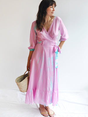 Silk Billowy Sleeve Midi Wrap Dress - Pink Seafoam