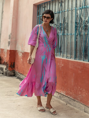Silk Billowy Sleeve Midi Wrap Dress - Pink Seafoam