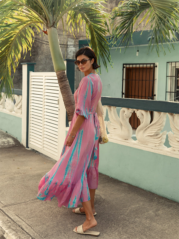 Silk Billowy Sleeve Midi Wrap Dress - Pink Seafoam - annakosturova Silk Billowy Sleeve Midi Wrap Dress - Pink Seafoam - annakosturova