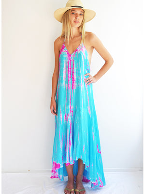 Silk T-Strap Maxi Dress - Aqua Flamingo