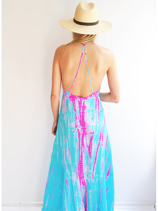 blue tie dye maxi dress Women's Silk | Tie-Dye T-Strap Dress | Anna Kosturova 2025 GLOBAL EVENT SZN EDIT perfect for turning heads Divinity Isha Available Sizes:Small (6-8)