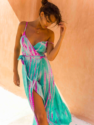 Silk Wrap Slip Maxi Dress - Aqua Flamingo
