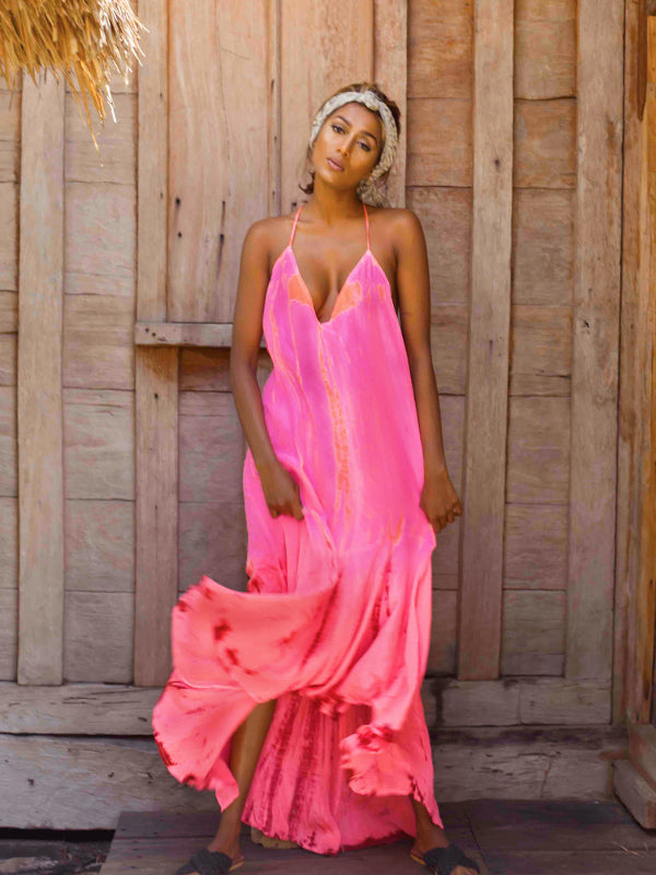 Silk T-Strap Maxi Dress - Neon Fire S/M / Neon Fire Silk T-Strap Maxi Dress - Neon Fire S/M / Neon Fire