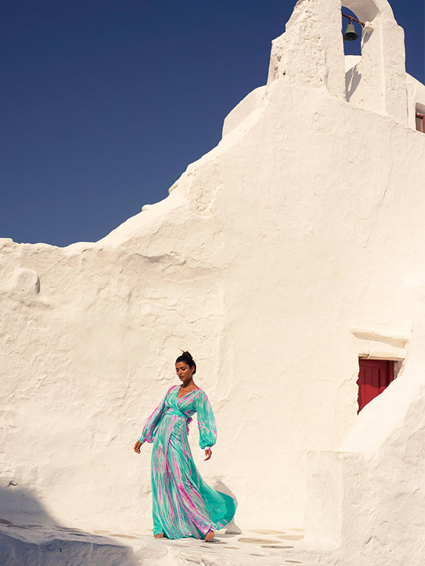 Silk Long Sleeve Wrap Dress Aqua Flamingo annakosturova