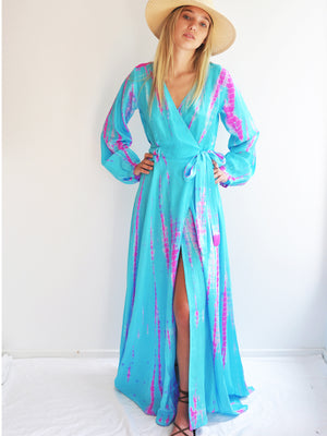 Silk Long Sleeve Wrap Dress - Aqua Flamingo