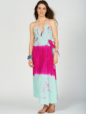 Silk Tie-dye Wrap Slip Dress - Aqua Fuchsia