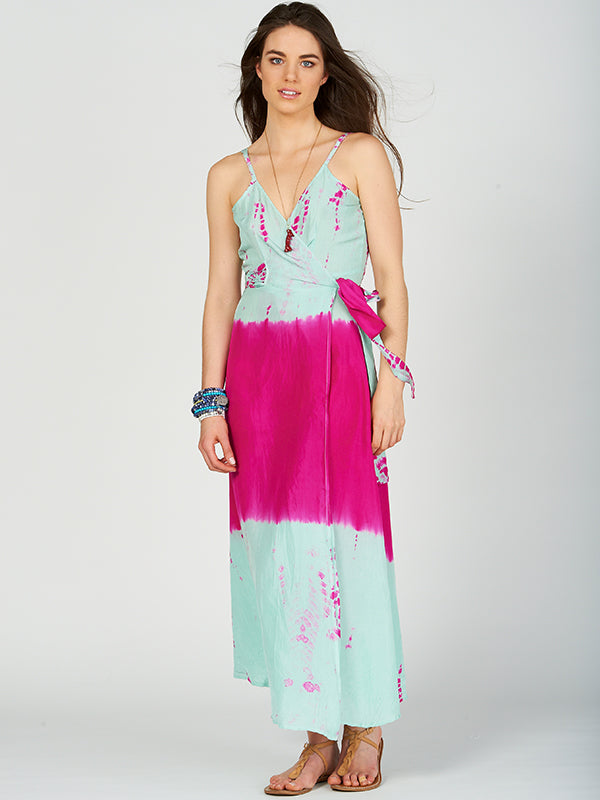 Silk Tie-dye Wrap Slip Dress Aqua Fuchsia annakosturova