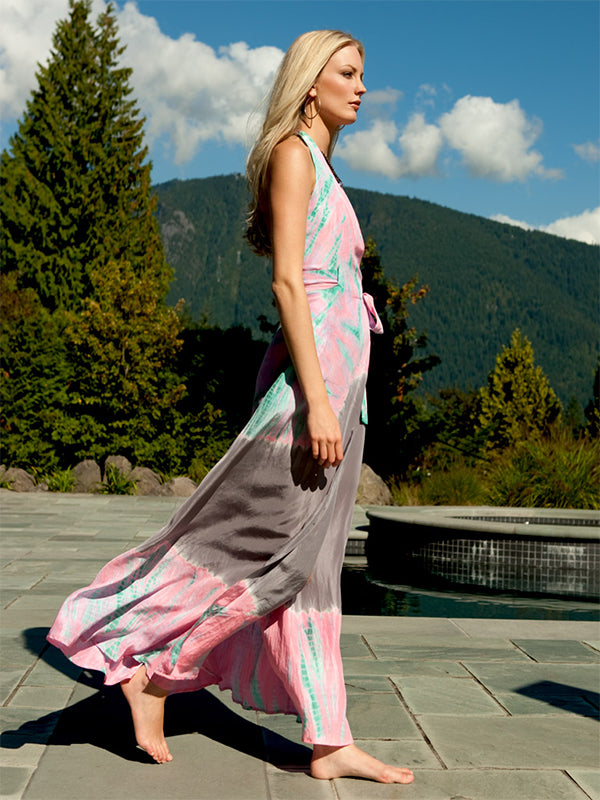 Silk Halter Maxi Wrap Dress Small / As Shown