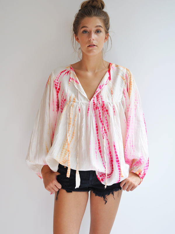 Silk Tie-Dye Billowy Sleeve Top - Sunrise